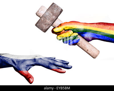 Flag of Peace overprinted on a hand holding a heavy hammer hitting a hand representing the Russia. Conceptual image for politica Stock Photo
