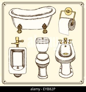 Sketch bathroom and toilet equipment in vintage style, vector Stock Vector