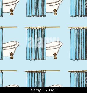 Sketch bath curtains in vintage style, vector seamless pattern Stock Vector