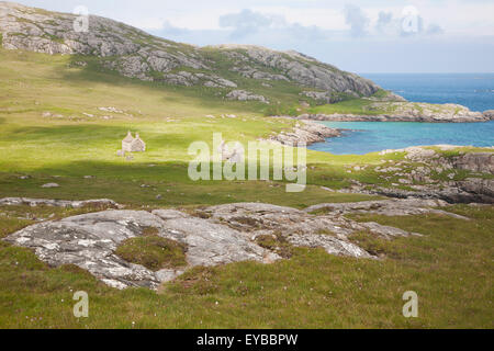 Abandoned croft houses in deserted village, Eorasdail, Vatersay Island, Barra, Outer Hebrides, Scotland, UK Stock Photo