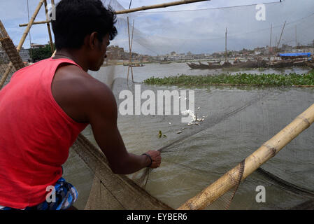 Dhaka, Bangladesh. 26th July, 2015. A Bangladeshi fisherman busy to catching fish in the Buriganga River in Dhaka. On July 26, 2015  Fishermen in Bangladesh attempt to catch a dwindling supply of fish in the Buriganga River. Verity types of fish get in the rainy season in Buriganga River. Many families depend on the river for their livelihood. Credit:  Mamunur Rashid/Alamy Live News Stock Photo