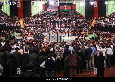 Kenya. 26th July, 2015. A crowd turn up to listen US President Barack Obama as he delivers a speech at Moi International Sports Kasarani in Nairobi, Kenyan capital. Obama is wrapping up his three-day visit to Kenya before heading to Ethiopia. It was his first visit to his father's homeland since becoming president. He promoted Africa as a hub for global economic growth and addressed issues on terrorism, economic recovery and human rights. © Tom Maruko/Pacific Press/Alamy Live News Stock Photo