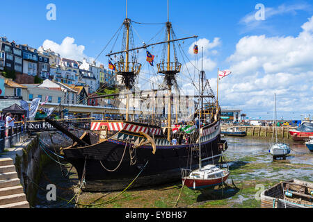 A replica of Sir Francis Drake's ship, the Golden Hind, in the harbour in Brixham, torbay, Devon, England, UK Stock Photo