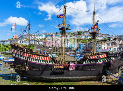 A replica of Sir Francis Drake's ship, the Golden Hind, in the harbour in Brixham, Torbay, Devon, England, UK Stock Photo