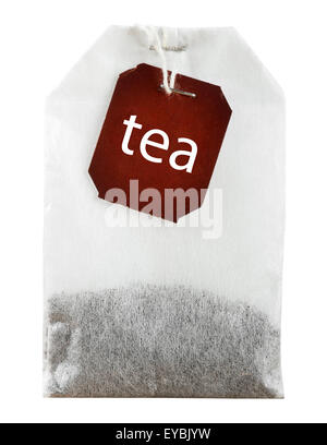 Teabag with red label on white background Stock Photo