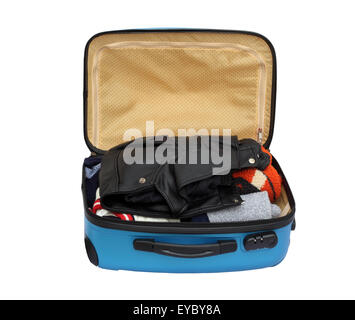 Open Suitcase Packed With Warm Clothing on White Background Stock Photo