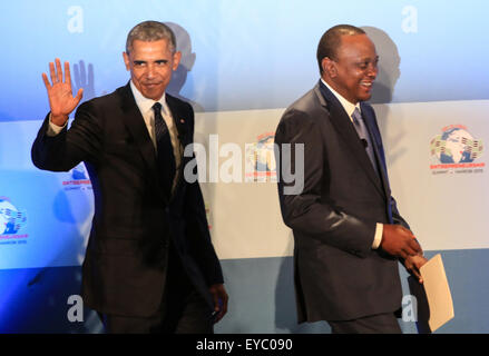 Kenya. 25th July, 2015. US President Barack Obama arrive to deliver a speech during the official opening of the 6th Global Entrepreneurship Summit (GES), at the UNEP Headquarters in Nairobi, Kenyan capital. Obama is on his three day visit to the country, his first visit to his father's homeland since becoming president. He promoted Africa as a hub for global economic growth during a four-day state visit to Kenya and Ethiopia to address terrorism, economic recovery and human rights. © Tarma Bosibori/Pacific Press/Alamy Live News Stock Photo