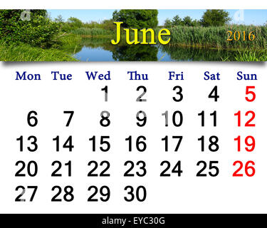 calendar for July 2016 on the background of summer with lake Stock Photo