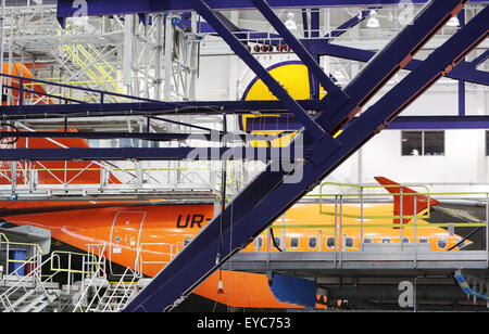 Sofia, Bulgaria - October 28, 2012: A Lufthansa airplane is being repaired in Sofia's Lufthansa Technik Hangar near the airport. Stock Photo