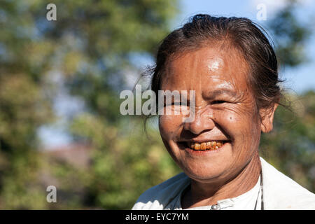Old local woman laughing, portrait, Indein, Inle Lake, Shan State, Myanmar Stock Photo