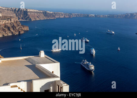 Santorini Cruise ships moored  in the caldera, Cyclades, Greek Islands, Greece Mediterranean Sea Stock Photo