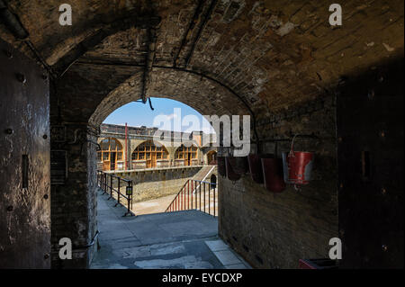 Fort Landguard, armoured doors, with piercing in order that troops could shoot through and protect the upper levels. Stock Photo