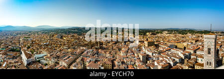 Panoramic view of Florence with Giotto's Campanile or bell tower, part of Florence Cathedral or duomo on the right. Florence. Italy. Stock Photo