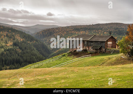 Typical norwegian farmhouse shed in autumn near Rondane National Park, Norway Stock Photo