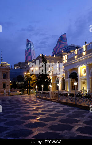 View of the Flame Towers from downtown in the city of Baku capital of Azerbaijan Stock Photo