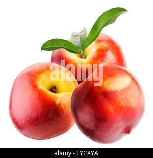nectarines with leaves isolated on the white background. Stock Photo