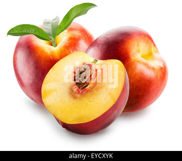 nectarines with leaves isolated on the white background. Stock Photo