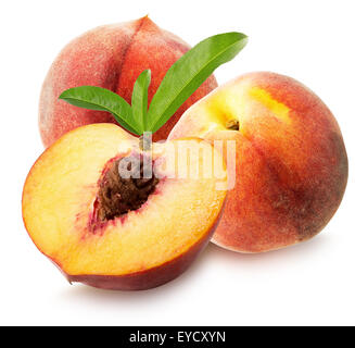 peaches with leaves isolated on the white background. Stock Photo
