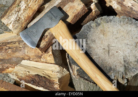 A pile of firewood lying around an axe and chopping block. Stock Photo