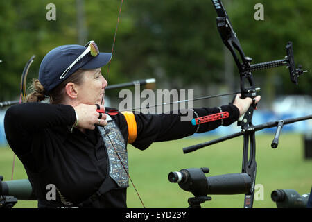 Copenhagen, Denmark, July 27th, 2015. New Zealand's Sarah Fullertakes aim for her shoot in the qualifying round in recurve bow at the World Archery Championships in Copenhagen Stock Photo