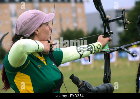 Copenhagen, Denmark, July 27th, 2015. Australian archern Semra Kingard takes aim for her shoot in the qualifying round in recurve bow at the World Archery Championships in Copenhagen Stock Photo