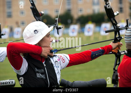 Copenhagen, Denmark, July 27th, 2015. Danish archer Maja Jager takes aim for her shoot in the qualifying round in recurve bow at the World Archery Championships in Copenhagen Stock Photo