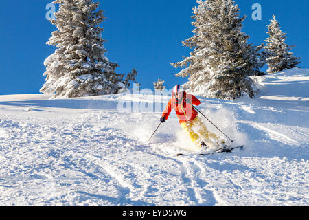 Ski holiday, woman skiing downhill, Sudelfeld, Bavaria, Germany Stock Photo