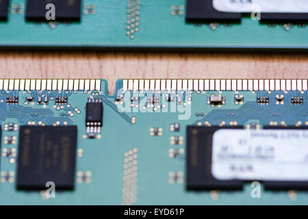 Home computer. Two green DIMM Ram sticks on wooden background. Close up showing black processors and gold coloured connection pins. Stock Photo
