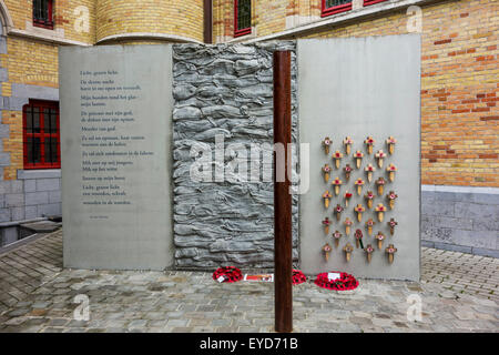 World War One execution pole and poem by Erwin Mortier at inner courtyard of the Poperinge town hall, West Flanders, Belgium Stock Photo