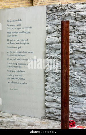 World War One execution pole and poem by Erwin Mortier at inner courtyard of the Poperinge town hall, West Flanders, Belgium Stock Photo