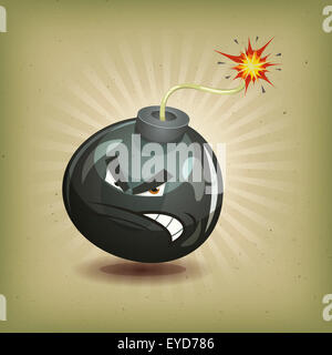 Illustration of a cartoon angry black bomb icon character about to explode with burning wick, on vintage retro background Stock Photo