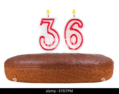 birthday cake with candles number 36 isolated on white background Stock Photo