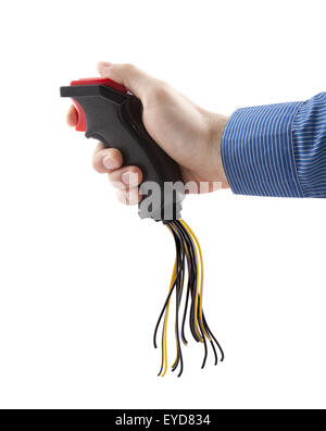 Computer joystick with cables in hand isolated on white Stock Photo
