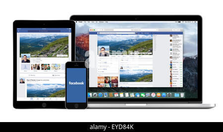 Varna, Bulgaria - February 02, 2015: Facebook website on Apple Macbook Pro display and Facebook apps on iPad and iPhone screens. Stock Photo