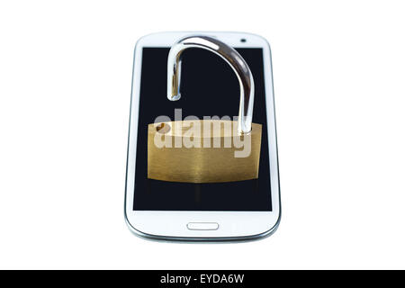 Unlocked padlock on a mobile phone. Isolated on white background. Concept photo of technology, mobile & tablet computer security Stock Photo