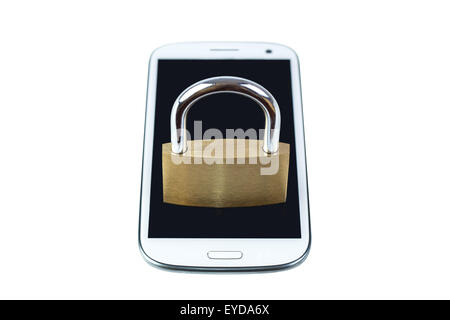 Locked padlock on a mobile phone. Isolated on white background. Concept photo of technology and mobile phone security. Stock Photo