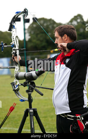 Copenhagen, Denmark, July 27th, 2015. German archer Marcus Laube takes aim for his shoot in the qualifying round in compound bow at the World Archery Championships in Copenhagen Credit:  OJPHOTOS/Alamy Live News Stock Photo