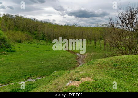 Background of sky, clouds, field  and river    Ludogorie, Bulgaria Stock Photo