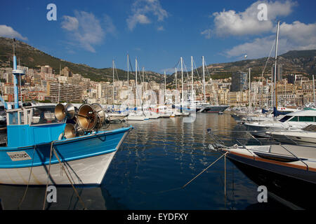 Monaco, Monte-Carlo, 25.09.2008: Fishing boat in Port Hercule, View from water, luxury yachts, Etats-Uni Stock Photo