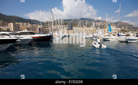 Monaco, Monte-Carlo, 25.09.2008: Port Hercule, View from water, luxury yachts in harbor of Monaco, Etats-Uni, Piscine, Hirondell Stock Photo