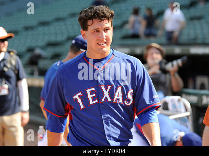 Arlington, Texas, USA. 27th July, 2015. Texas Rangers starting pitcher Derek Holland #45 before an MLB game between the New York Yankees and the Texas Rangers at Globe Life Park in Arlington, TX Credit:  Cal Sport Media/Alamy Live News Stock Photo