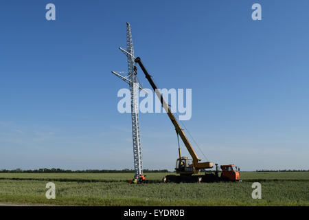 The elevator crane on a truck platform. Stock Photo