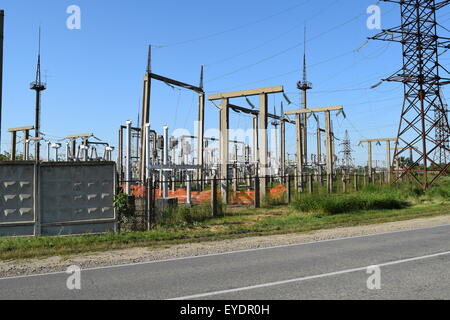 Power substation. Small distributive power substation in the settlement. Stock Photo