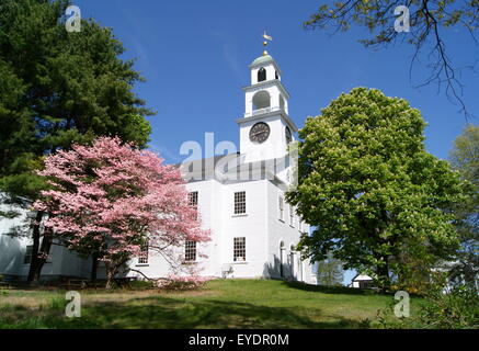 A white clapboard New England Church in Spring on a sunny day Stock Photo