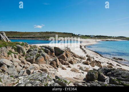 St Agnes Viewed From The Island Of Gugh Showing The Sand Bar (Tombolo), Isles Of Scilly, Cornwall, Uk, Europe Stock Photo