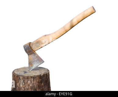 Old rusty ax in the oak stump. Isolated on white background. Stock Photo