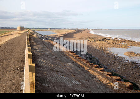 New rock armour coastal defences shingle beach at East Lane, Bawdsey, Suffolk, England, UK Stock Photo