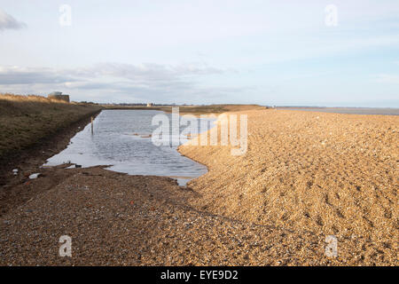 Shingle beach and lagoon at East Lane, Bawdsey, Suffolk, England, UK Stock Photo