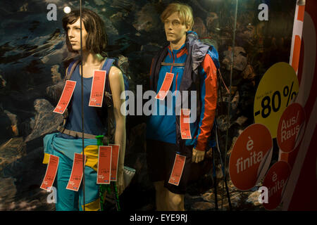 Mannequins laden with price tags in the northern Italian south Tyrolean city of Bozen-Bolzano. Stock Photo