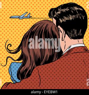 Loving couple looking at a plane taking off in the sky. A man and a woman hug and stand back Stock Vector